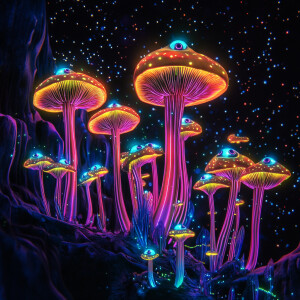 Create an image of a group of bioluminescent mushrooms with real...