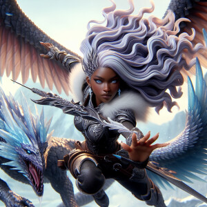 A beautiful huntress from the “Monster Hunter” series with dark...