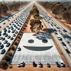 Dry, super busy freeway with cars going next to a bunch of eucal...