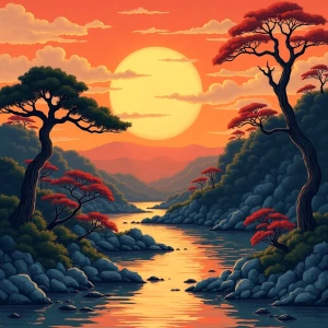 Japanese countryside during sunset Hokusai style
