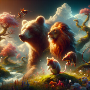 Красивая фэнтези природа с разными существами отдаленно похожими...