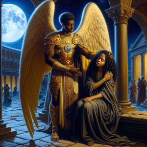 Create an oil painting image featuring a male angel and a grievi...