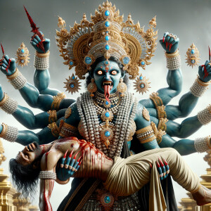 portrait of angry looking, four-armed indian goddess blue skinned sitting on a gold crown and carrying a weak mahishasur on her lap and poking his abdomen with her amazingly long red fingernails . She is wearing diamond armor, a huge diamond crown, black saree, abundant  diamond jewelry, covered in blood. The scene is set in ancient India. The image is 8K resolution, cinematic, photography, ultra detailed face and epic.