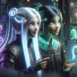 Depict two twin girls. One has long white hair and two braided b...