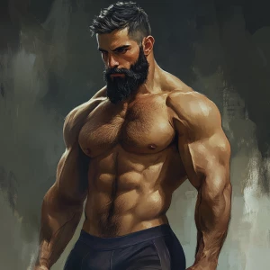 Create an image of a muscular, dark-haired man with a thick bear...