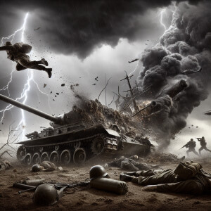 A tank, in pieces from a mortar shell hit, soldier being blown i...