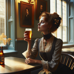 Gothic woman drinking beer with a woman sitting on the table in café