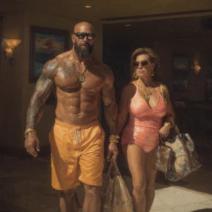 Hyperrealism digital painting ,a miami muscular beefy bearded ta...