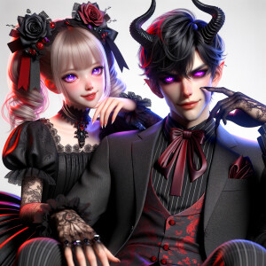 A girl named lilith with elegant gothic lolita dress sit beside Handsome Lucifer with Black Horn, Msyterious Aura of Black Red Purple, Lilith and Lucifer evil smirk, glowing eyes, 3D Humanlike, High Res