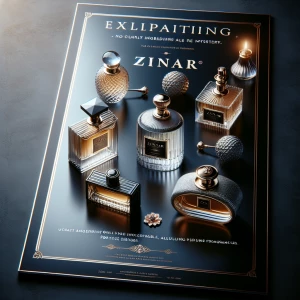 Create an advertisement for "ZINAR," a luxury perfume brand, sho...