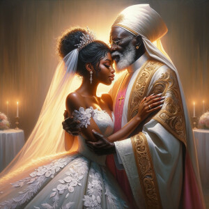 Imagine a hyper-realistic oil painting that captures a tender moment between theAfrican American bride and her God. The setting is intimate and filled with soft, warm lighting that enhances the emotional depth of the scene. The bride, in herexquisite wedding gown, shares a heartfelt embrace with her african-American Lord Jesus , who is dressedin an elegant outfit that complements the wedding's color scheme. Their expressions are full of love, pride, and joy, reflecting the special bond between them. Theattention to detail is paramount, from the intricate designs of their dresses to the subtle emotions conveyed in their facial expressions. The background is a blur ofgentle pastel hues, ensuring that the focus remains on this touching moment. Thispainting should convey the warmth, love, and depth of the relationship, with the rich textures and vibrant strokes characteristic of oil paintings, capturing the essence of this significant pre-wedding moment.