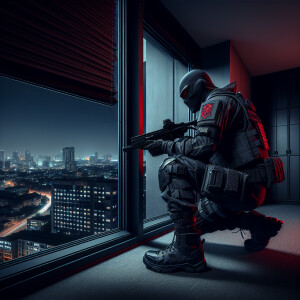 a masked Jason Todd crouching on a ledge of a high-rise apartmen...