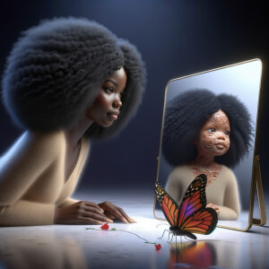 Create a 3-D realistic beautiful African-American  women with thick curly black hair
Looking at herself in the mirror, but the reflection she sees is a child, and she is no longer beautiful. She is ugly with scars. There is a fallen butterfly.