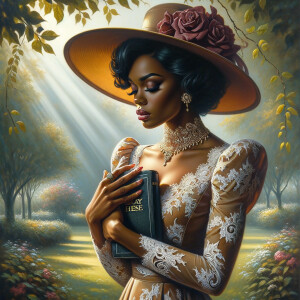 Render an airbrush oil painting of an African American woman with flawless makeup in a
contemplative pose, holding a Bible close to her heart, dressed in an elegant Sunday Best
outfit with a distinctive Church Hat. The background features a peaceful church garden,
with light filtering through the trees, highlighting her spiritual connection and the personal
moment of reflection. The artwork should capture the tranquility of the scene, the beauty
of her attire, and the depth of her contemplation, reflecting a serene and spiritually