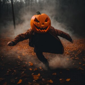 a hyper-realistic portrait of a jumping evil pumpkin, lunging to...