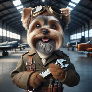 Antropomorphic old yorkie clad in pilot outfit and goggles, clut...