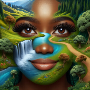 Design a surreal landscape that seamlessly integrates the featur...