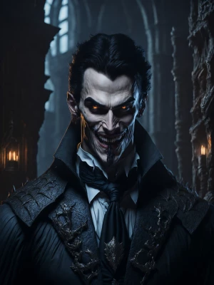 a realistic dracula with satisfaction smile in a gothic castle.