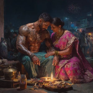 Hyperrealism oil painting.a muscular beefy sweaty tattoed indian...