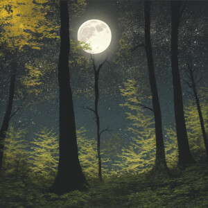 moon brightly shining down at a forest