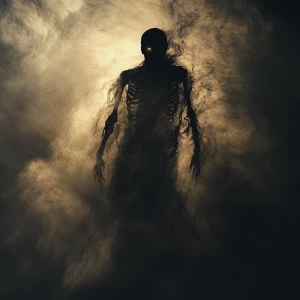 Imagine an eerie figure emerging from the shadows, silhouetted a...