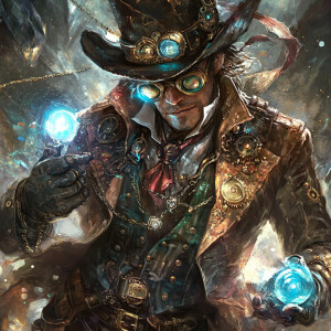 A time-worn adventurer with a steampunk flair, sporting a tatter...