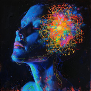 A woman’s head on portrait with her face illuminated by a glowin...