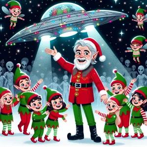 Jolly North Pole scene. Grey haired man is surrounded by tiny ha...