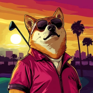 MEME DOGE in GTA art style, DOGE playing golf, in the style of...