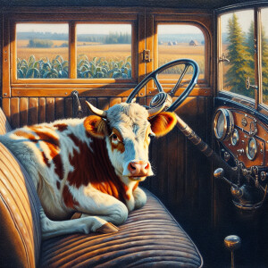 Oil painting of a cow sitting in the passenger seat of a car