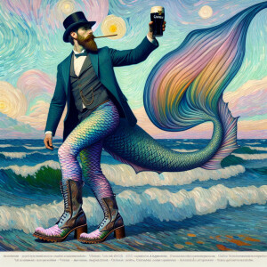 Armenian man with pint Guinness in hand, attack mermaid heel boo...