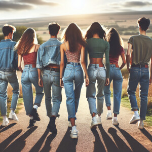 Panoramic shot of teens in jeans walking away