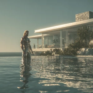 Subject: A hyper-realistic exterior scene featuring a mid-centur...