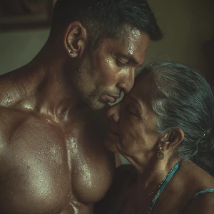 hyperRealism photo painting.a muscular sweaty indian employer ma...