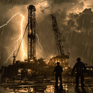 Texas oil rig workers working on the rig during a lightning stor...