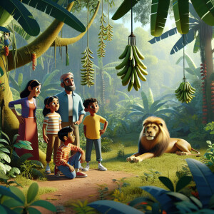 A family in the jungle is observing a lion resting under a tree...