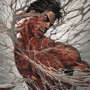 A man’s torso split open like a book, pages made of veins and ne...