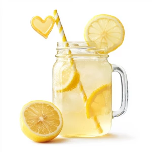 Create an image of a transparent mason jar filled with lemonade,...