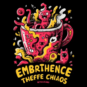 vibrant hand-drawn coffee cup overflowing with chaotic swirling...
