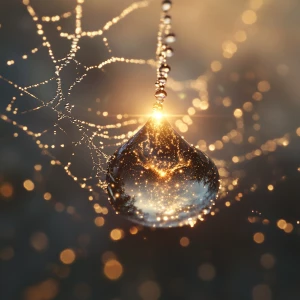 "A hyper-realistic close-up of a single drop of morning dew on a...