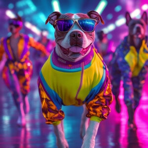 Pit bulls strut down a runway, adorned in dynamic athletic sport...