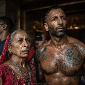 Realism,photo painting,A sweaty beefy kashmiri man walking with...