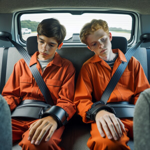 Two Caucasian males, aged 13 to 15,  they have their hands and a...