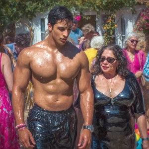 Photo Hyperrealism, painting,a muscular beefy kashmiri son in la...