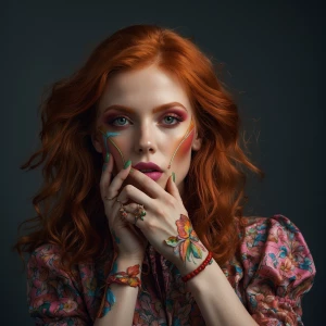 Create a hyper-realistic 3D image of an enchanting red-haired wo...