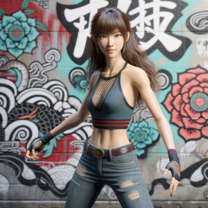 Athletic Thin skinny Attractive, Asian teenage girl, long brown hair and bangs, wearing tight skinny jeans and a halter top paint marks on her clothing, heroic pose Asian graffiti background