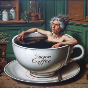 giant cup of coffee with a vintage green kitchen background a mi...