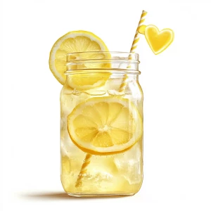 Create an image of a transparent mason jar filled with lemonade,...