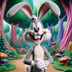 “Anthropomorphic cartoon rabbit with long floppy ears, white glo...