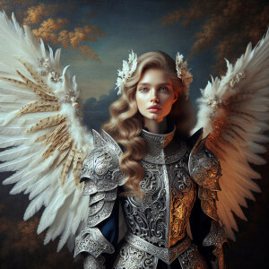 A majestic, regal angelic figure, a caucasian woman with deep, c...